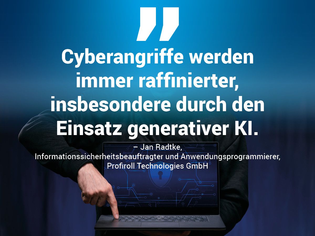 Zitat zum Thema Cyberangriffe und Einsatz von KI mit Hacker im Hintergrund