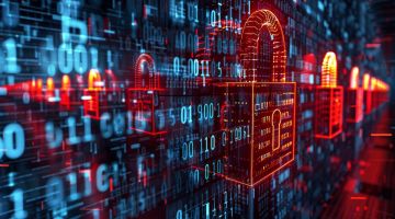 Digitale Darstellung einer Firewall mit einem Schloss und Zahlencodes