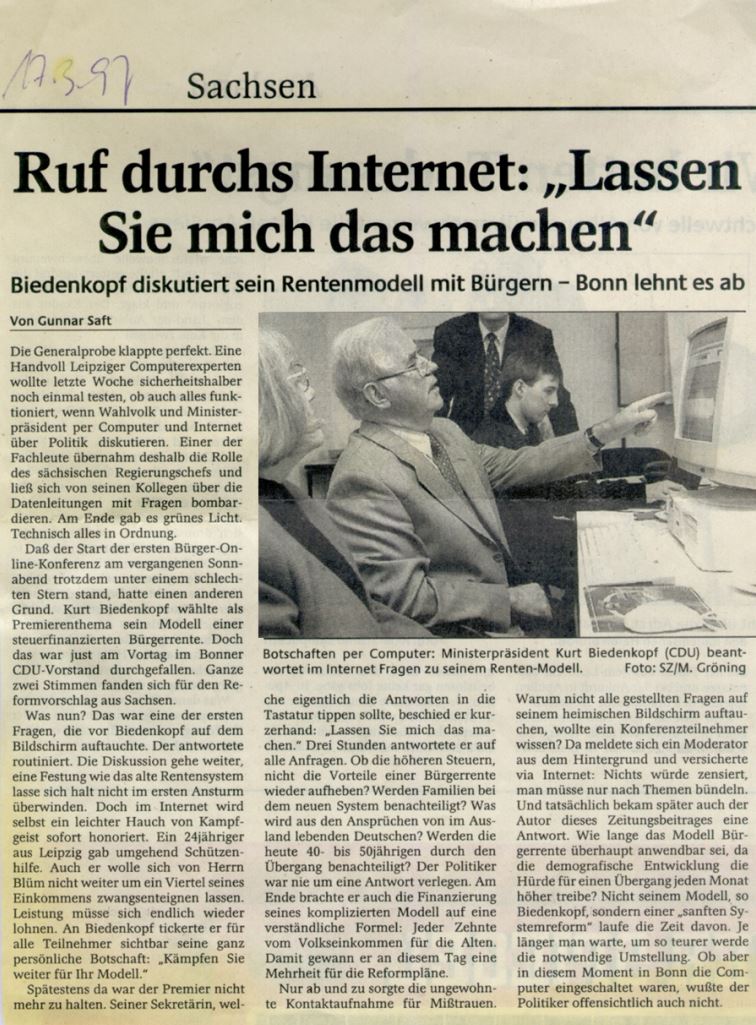 Artikel der Sächsischen Zeitung vom 17.03.1997 über die Vorstellung des Rentenmodells von Dr. Kurt Biedenkopf