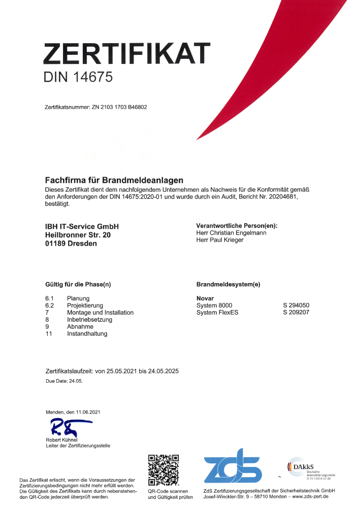 Fachgerechter Aufbau und Betrieb einer Brandmeldeanlage (BMA) - DIN 14675 Zertifikat IBH IT-Service GmbH