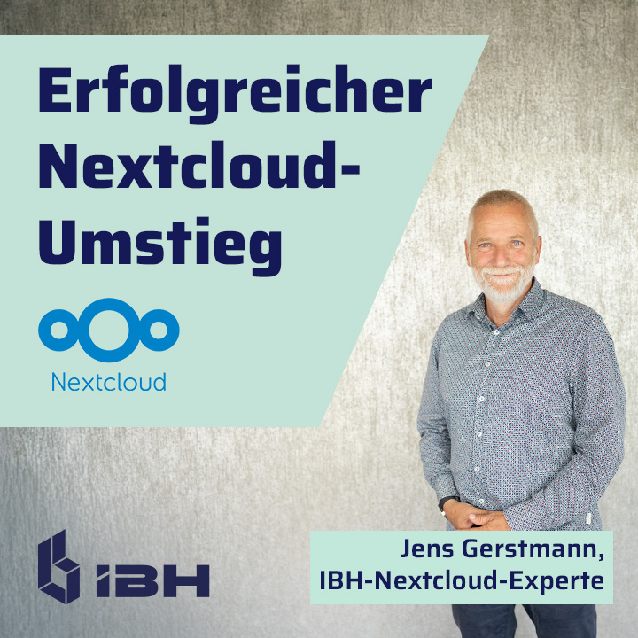 Nextcloud Logo links vom Bild. Rechts der IBH-Nextcloud-Experte, Jens Gerstmann, vor einer silbernen Tapete.