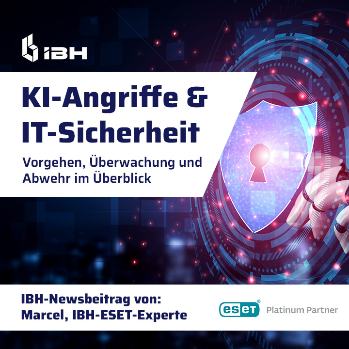 Rechts Schloss in einem Schutzschild mit einer KI-Roboterhand; IBH connect Logo und ESET-Platinum-Partner Logo